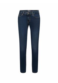Jean slim bleu foncé avec bouton à l'avant, fermeture éclair, passants de ceinture et design cinq poches.
