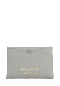 Grey leather cardholder featuring a textured finish, gold embossed brand name, sleek design, and a subtly curved top edge.