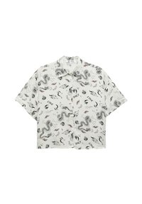 Camicia a maniche corte con bottoni in tessuto bianco, caratterizzata da motivi di draghi neri e rossi e fiamme, con una vestibilità comoda e colletto.