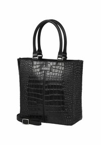 Bolso tote de cuero negro con textura de cocodrilo, con asas dobles y una correa desmontable. Incluye una etiqueta de marca metálica en la parte frontal.