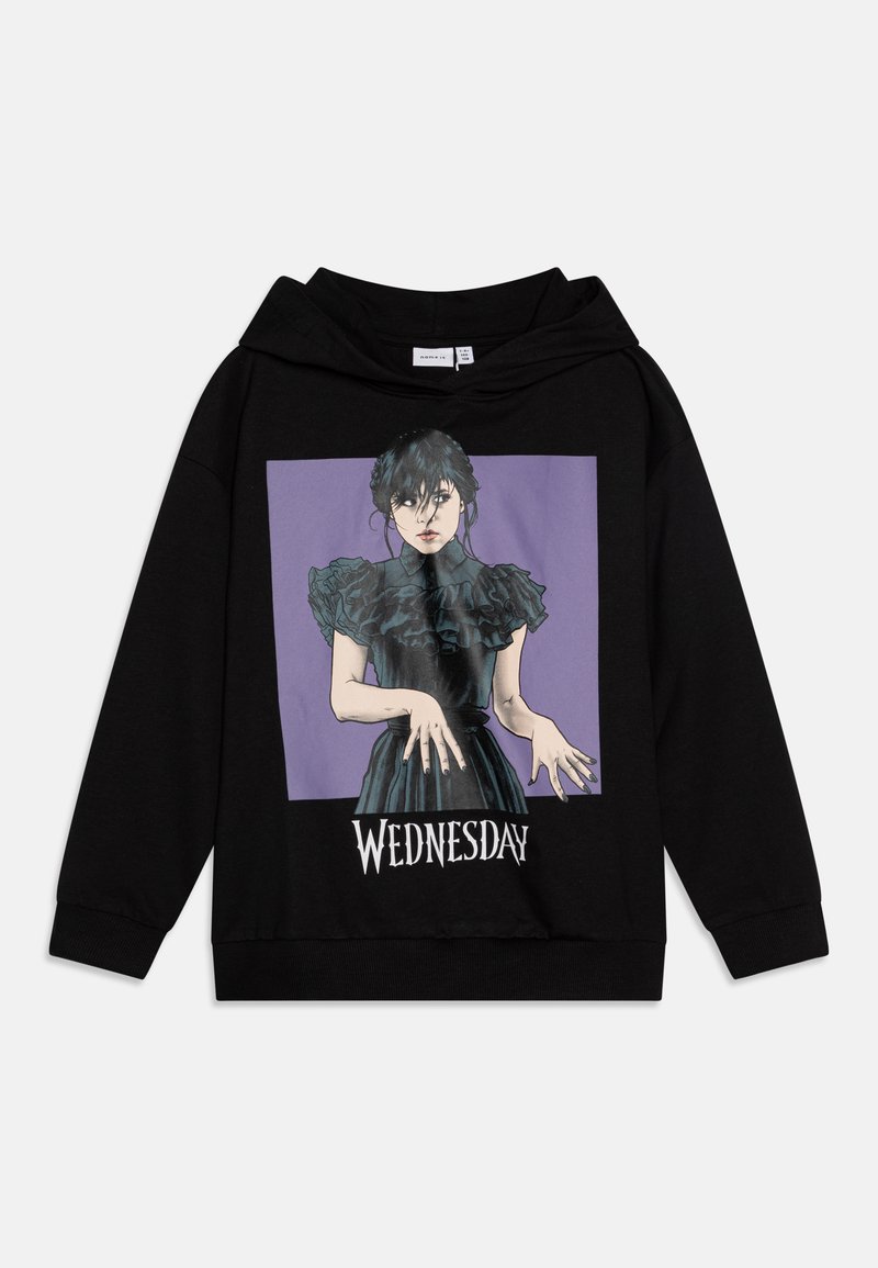 Black hoodie featuring a graphic print of a character with dark hair and ruffled sleeves against a purple background, labeled "WEDNESDAY."