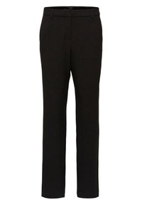 Czarne spodnie wykonane z gładkiego materiału, o prostym kroju nogawek, z paskiem na pasek i zamkiem błyskawicznym. Bez wzorów ani widocznych detali metalowych.