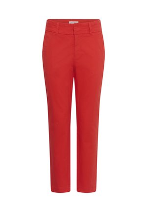 Punaiset suoralahkeiset housut, joissa on vyölenkit ja etutaskut, esitettynä valkoisella taustalla.