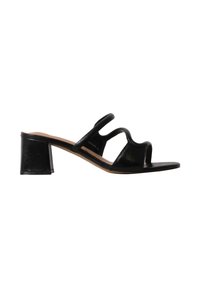 Sandale mule noire à bout ouvert avec deux fines lanières et talon bloc sur fond blanc.
