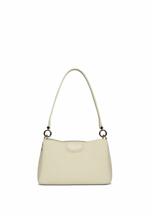 Sac à main Bugatti de couleur crème avec une seule bandoulière et des détails en anneau argenté sur fond blanc.