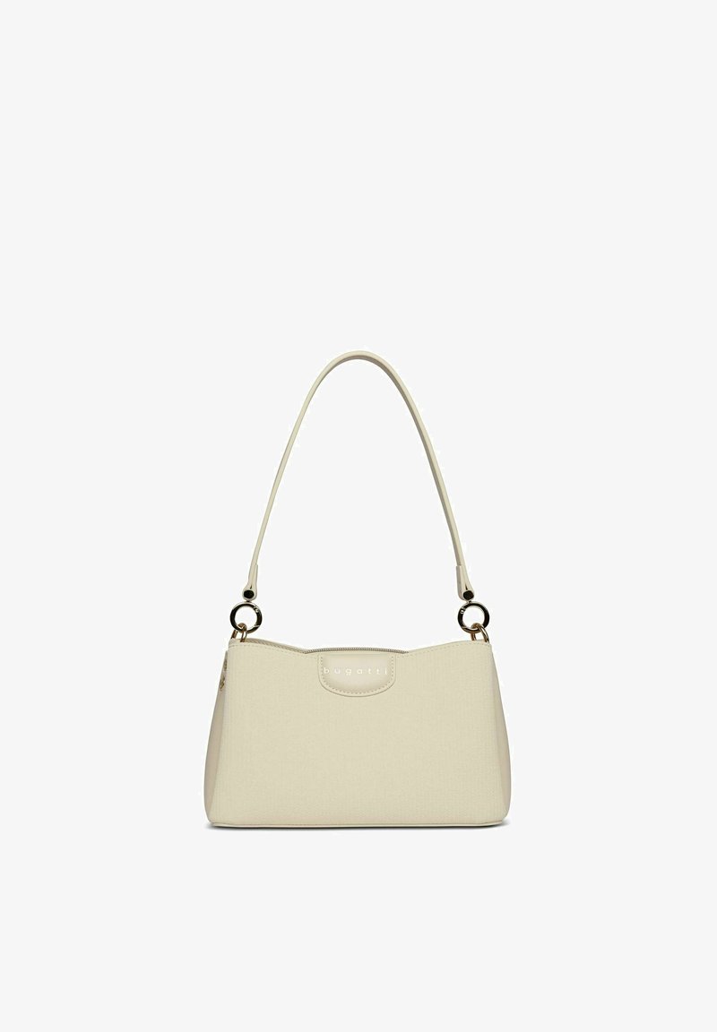 Sac à main Bugatti de couleur crème avec une seule bandoulière et des détails en anneau argenté sur fond blanc.