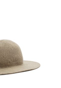 Beige felt hat with a rounded crown and wide, flat brim. Smooth texture with no visible patterns or embellishments.