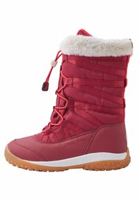 Stivale invernale rosso con tomaia in tessuto a trama, fodera in pelliccia sintetica, sistema di allacciatura elastico e suola in gomma con battistrada a motivo.