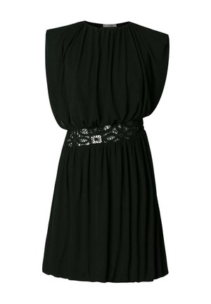 Schwarzes ärmelloses Kleid mit gerafftem Stoff, elastischer Taille mit floraler Spitzenverzierung und rundem Ausschnitt.