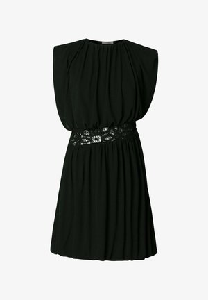 Schwarzes ärmelloses Kleid mit gerafftem Stoff, elastischer Taille mit floraler Spitzenverzierung und rundem Ausschnitt.