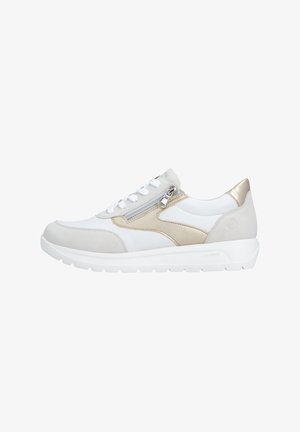 White and beige sports shoes with a textured leather upper, lace closure, and a zip detail on the side; designed with a chunky white sole.