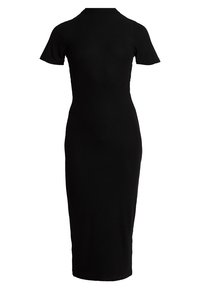 Robe midi noire à manches courtes, côtelée, avec une silhouette ajustée et un col haut, fabriquée en tissu extensible pour le confort.