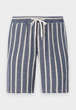 Navy blue textured shorts with white vertical stripes, elastic waistband, and a drawstring detail. Casual design suitable for warm weather.