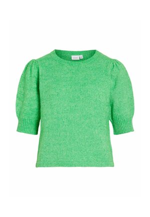 Leuchtend grüner Strickpullover mit kurzen Ärmeln, Puffärmeln, gerippten Bündchen, Rundhalsausschnitt und geradem Saum.