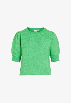 Leuchtend grüner Strickpullover mit kurzen Ärmeln, Puffärmeln, gerippten Bündchen, Rundhalsausschnitt und geradem Saum.