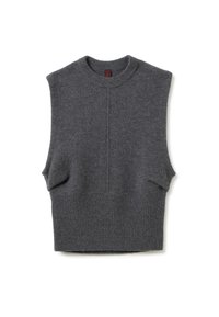 Gilet senza maniche di maglia grigio scuro con orlo a costine e scollo rotondo, esposto piatto su uno sfondo bianco.