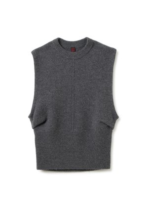 Gilet en tricot sans manches gris foncé avec un ourlet côtelé et un col rond, présenté à plat sur un fond blanc.