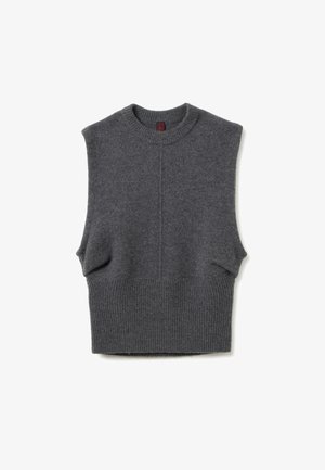 Gilet en tricot sans manches gris foncé avec un ourlet côtelé et un col rond, présenté à plat sur un fond blanc.