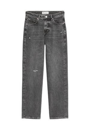 Grijze denim jeans met een relaxte pasvorm, versleten details, vijf zakken en een knoopsluiting. De stof heeft een zachte, versleten textuur.