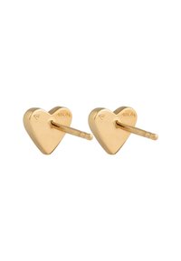Boucles d'oreilles en forme de cœur en ton or avec une finition polie, dotées d'une tige droite et d'une gravure unique au dos.