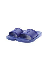 Purple rubber slide sandals with a wide strap, featuring a textured pattern and embossed logo on the front. Smooth footbed for comfort.