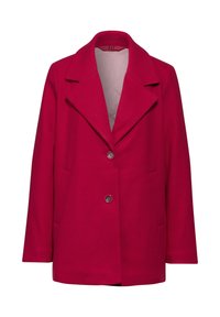 Abrigo de mezcla de lana en color fucsia con un cuello con muescas, dos bolsillos frontales y dos botones. Textura suave y forro acolchado visible en el interior.