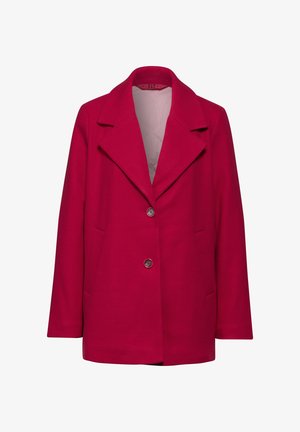 Fuchsia wool blend coat with a notched collar, two front pockets, and two buttons. Smooth texture and quilted lining visible inside.
