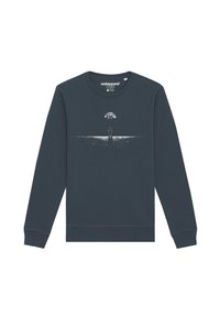 Navy sweatshirt van katoen, met een voorkant bedrukt met een figuur bij water met een planeet erboven, ronde hals en lange mouwen.