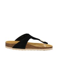 Sandales en nubuck noir avec semelle en liège, bride blanche et semelle extérieure texturée. Présente un design minimaliste et une silhouette décontractée.