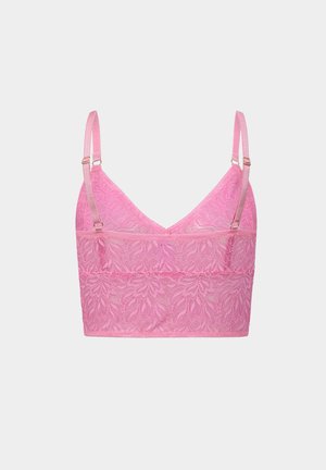 Roze kant bralette met verstelbare bandjes, ontworpen in een bloemenpatroon, met een zachte textuur en een comfortabele, aansluitende pasvorm.