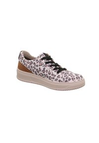Leopardenmuster-Sneaker in Rosa- und Brauntönen, mit Wildleder-Accents an der Ferse, schwarzen Schnürsenkeln und einer strukturierten Gummisohle für besseren Grip.