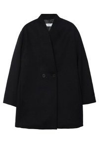 Manteau en laine noir à double boutonnage avec de larges revers, manches longues et deux boutons visibles sur le devant.