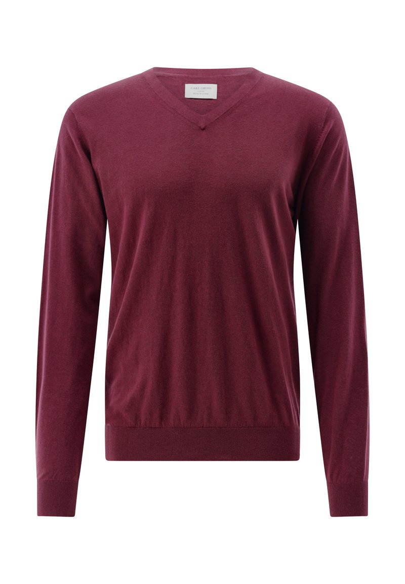 Rot-violetter Pullover mit langen Ärmeln, V-Ausschnitt und gerippten Bündchen sowie Saum. Hergestellt aus weichem, leichtem Stoff. Keine sichtbaren Muster oder Akzente.