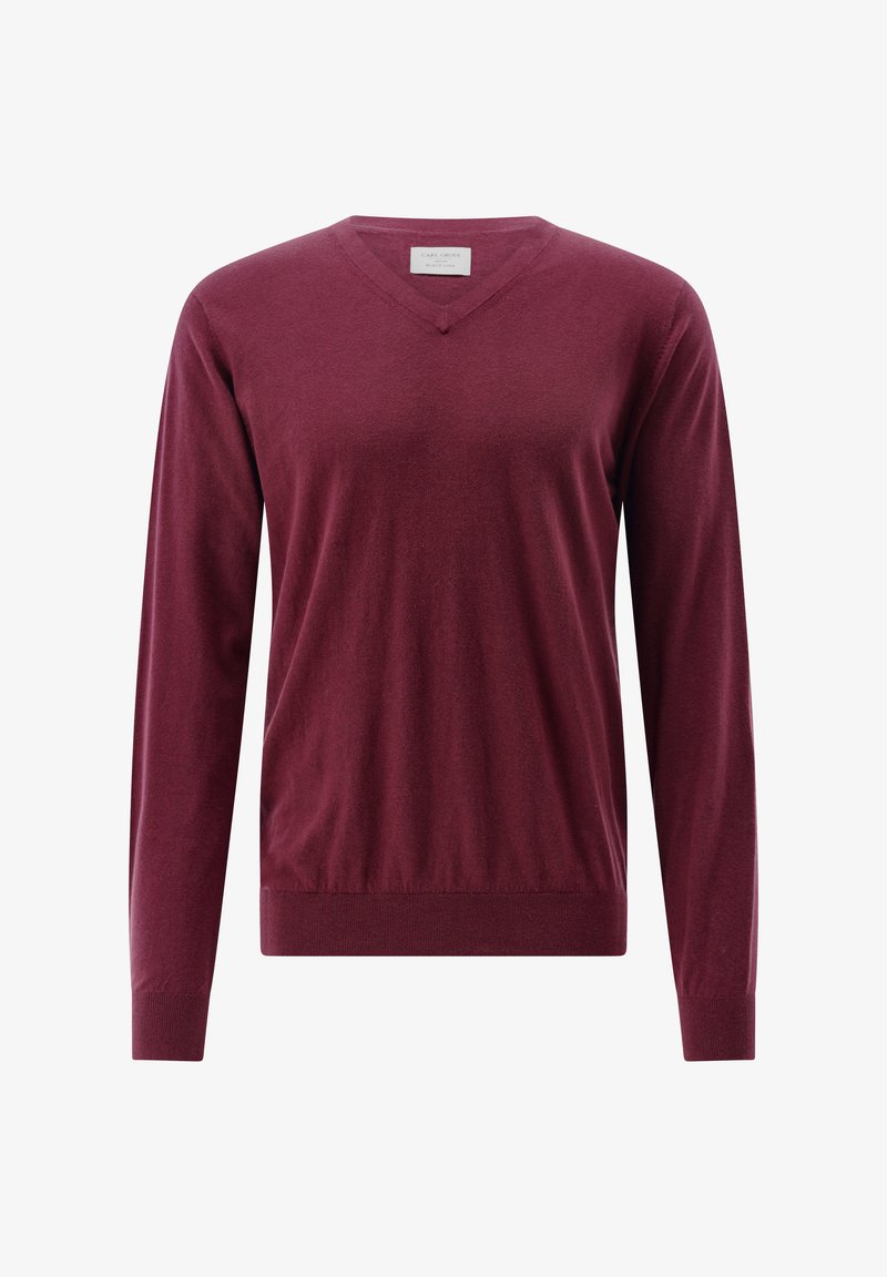 Rot-violetter Pullover mit langen Ärmeln, V-Ausschnitt und gerippten Bündchen sowie Saum. Hergestellt aus weichem, leichtem Stoff. Keine sichtbaren Muster oder Akzente.