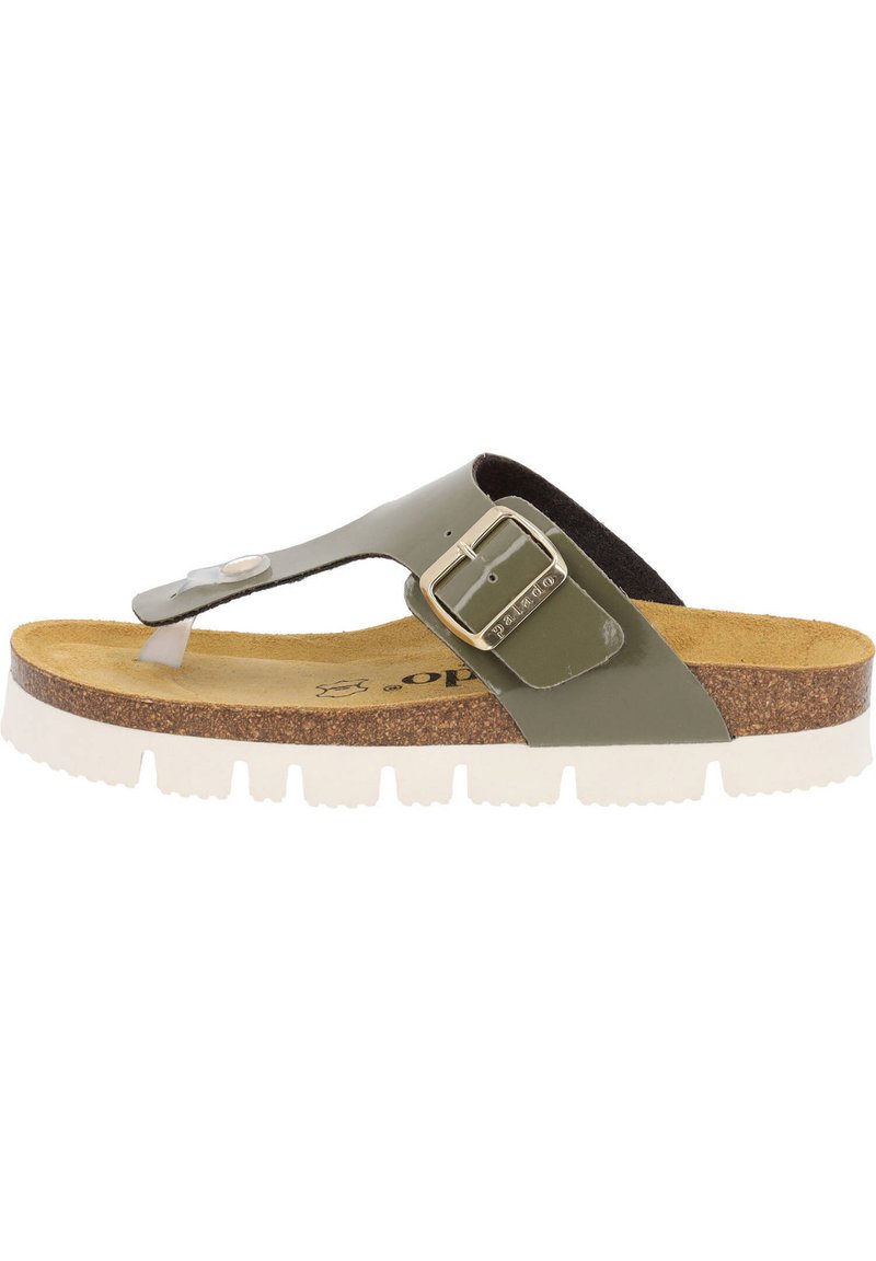 Grøn patentlæder flip-flop sandal med en kork fodseng, hvid gummisål og et justerbart sølv spænde på stroppen.