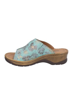 Aqua slip-on sandal with a textured floral pattern, featuring a brown wedge heel and cushioned insole for comfort.