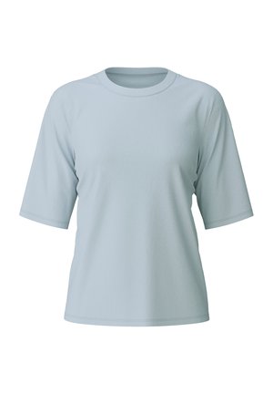 Lichtblauwe T-shirt met korte mouwen, gemaakt van zachte katoen. Ronde hals, losse pasvorm, eenvoudig ontwerp met stikseldetails langs de naden.