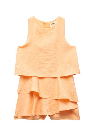 Robe sans manches en tissu orange clair avec une finition texturée. Elle présente un décolleté arrondi et une fermeture en forme de œil de clé au dos.