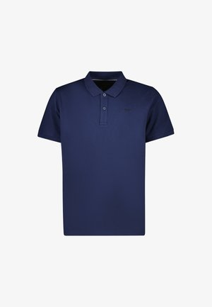 Dunkelblaues Polohemd aus Baumwolle. Verfügt über einen Kragen, einen Zweiknopfverschluss und kurze Ärmel. Einfaches, einfarbiges Design.