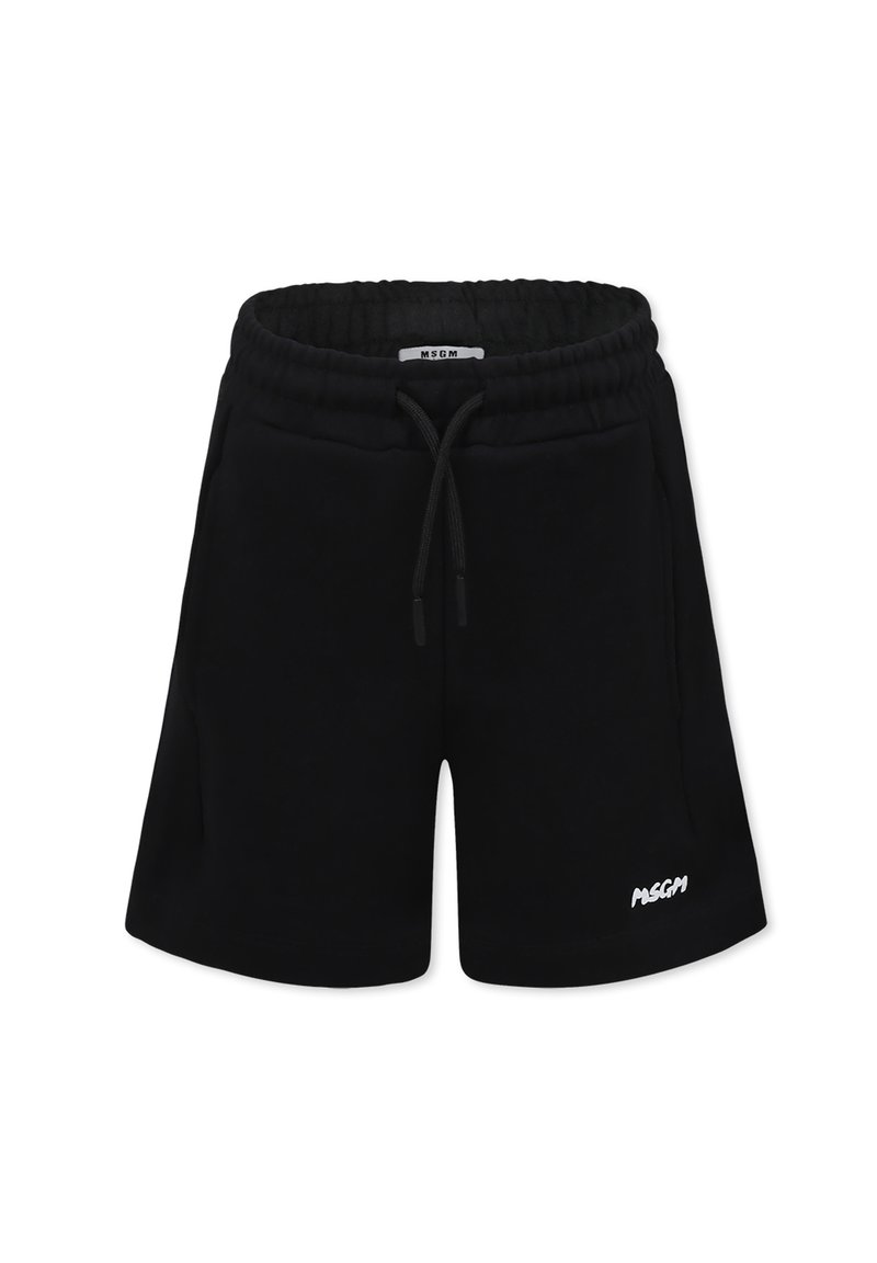 Shorts neri in cotone con vita elastica, cordino e tasche laterali. Presenta un logo bianco sulla parte anteriore sinistra.