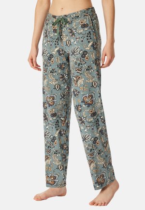 Blommönstrade, löst sittande pyjamasbyxor i dämpad teal, med dragsko i midjan och mjukt, lätt material för komfort.