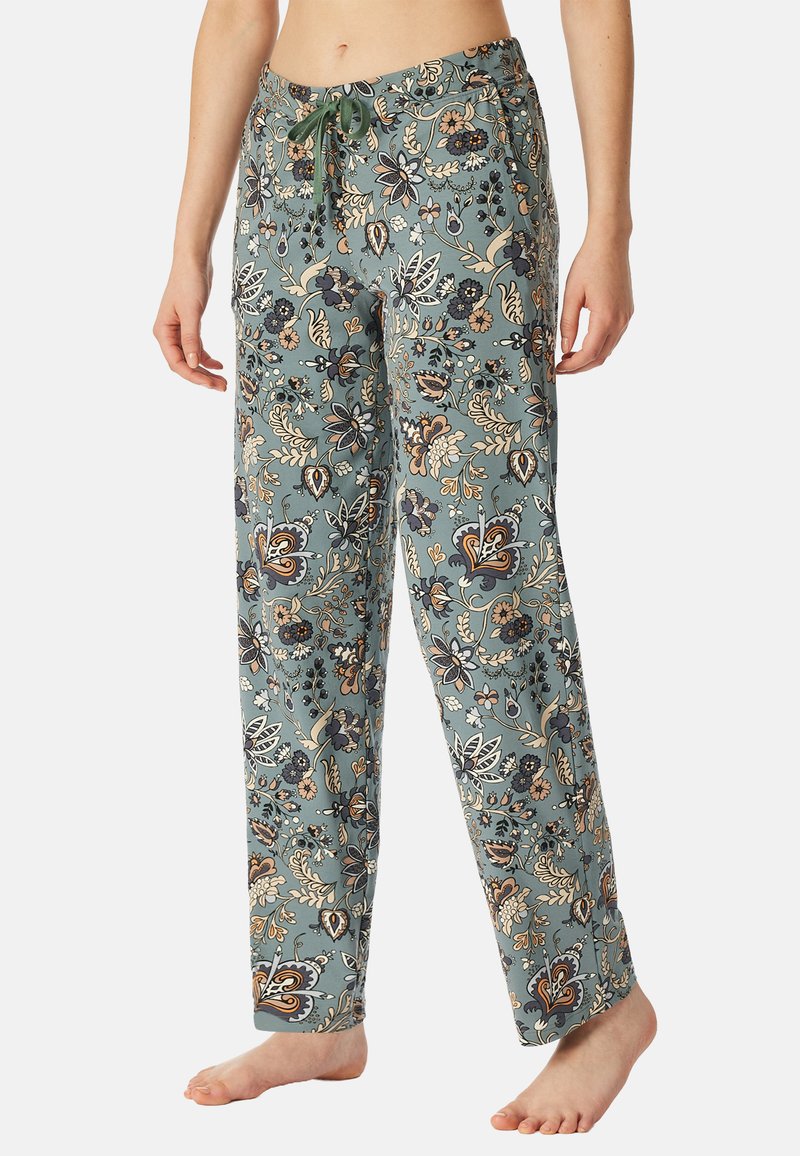 Blommönstrade, löst sittande pyjamasbyxor i dämpad teal, med dragsko i midjan och mjukt, lätt material för komfort.