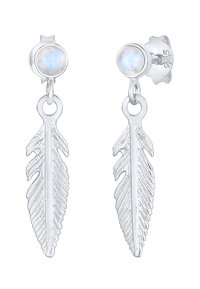 Pendientes de plata con forma de hojas, con un diseño texturizado y una piedra iridiscente en la parte superior. Fabricados en plata de ley 925.
