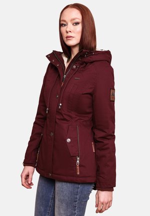 Burgundy winter jacket with a hood, featuring two zippered side pockets, snap buttons, and a fabric patch on the sleeve. Soft texture.