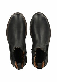 Black leather ankle boots with elastic side panels, stitched detailing, and a flat sole. Brown accents on the upper edge and heel loop.