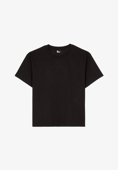 Zwart katoenen T-shirt met een ronde hals, korte mouwen en een subtiel logo aan de linkeronderzijde. Glad aanvoelend, normale pasvorm.