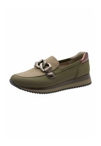 Olive green slip-on shoe with a beige accent, featuring a metallic chain detail on the front, textured sole, and a slight heel.