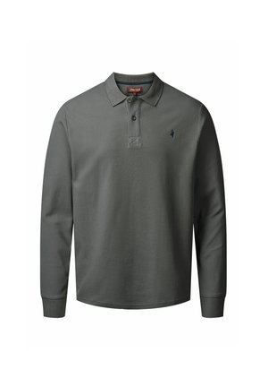 Polo majica z dolgimi rokavi v temno sivi barvi z teksturirano tkanino. Ima trojni gumb na spodnjem delu ovratnika in majhen emblem na levi strani prsnega koša.