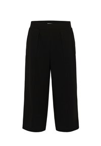 Čierne culottes vyrobené z textúrovaného materiálu majú vysoký pás, predné záhyby a uvoľnený strih s dĺžkou po ankle.