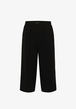 A fekete kulott nadrág texturált anyagból készült, magas derékkal, elöl pliszírozott és laza szabással, bokáig érő hosszal.